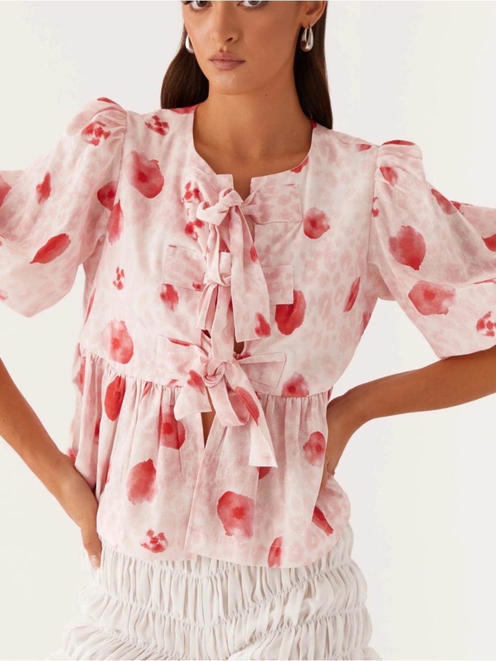 Peppermayo Pink & Red Floral Tie-Front Puff Sleeve Top